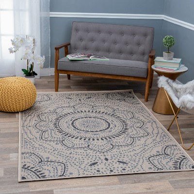 Cream and Blue Medallion Flat Woven Indoor/Outdoor Rug