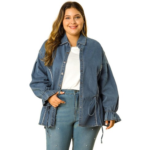 Agnes Orinda Plus Size Denim Jackets For Women Button Front Work Washed  Rolled Sleeves Cropped Jean Jacket : Target