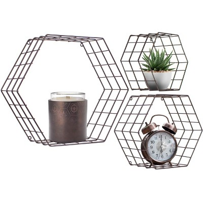 Sorbus Metal Wire Hexagon Design Wall Mounted Floating Shelves, Set of 3 - Bronze