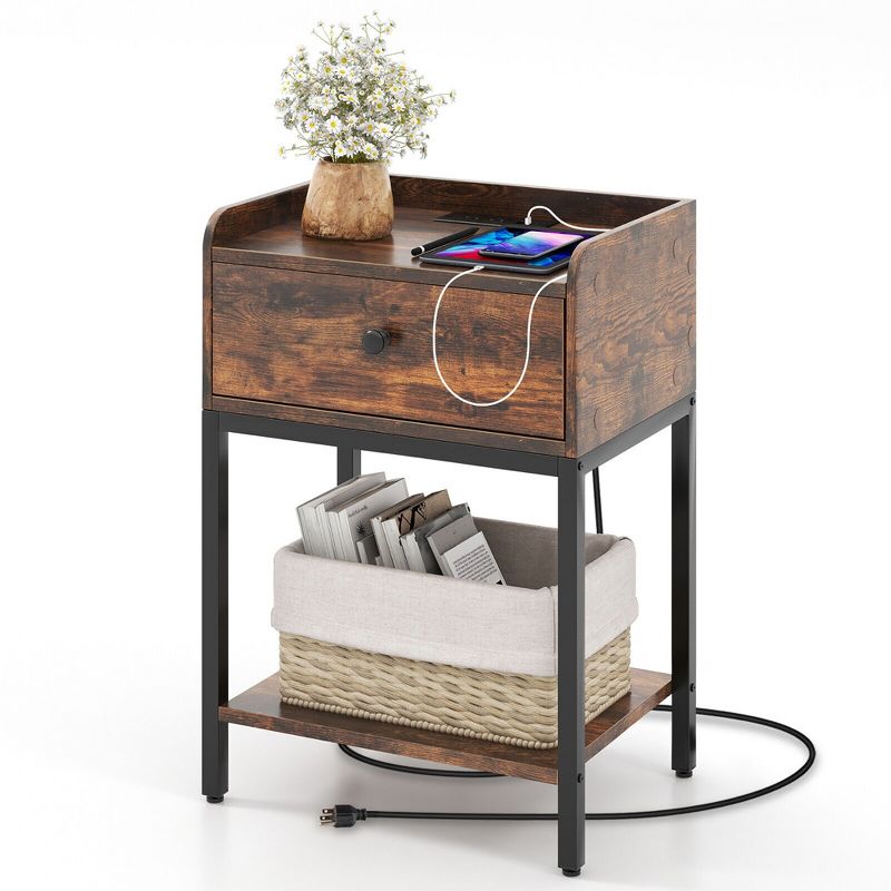 Tangkula Nightstand Side End Table w/ Charging Station Drawer Open Shelf for Small Space, 1 of 10