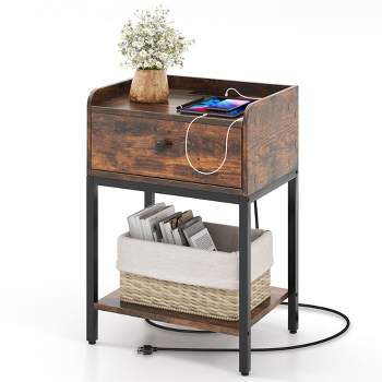 Tangkula Nightstand Side End Table w/ Charging Station Drawer Open Shelf for Small Space