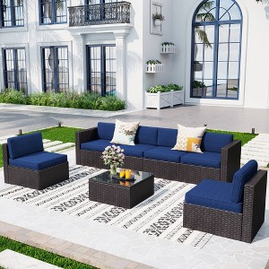 7pc Steel & Wicker Outdoor Set with Square Coffee Table & Cushions Blue - Captiva Designs - 1 of 4