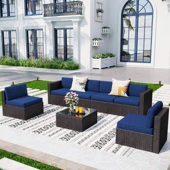 7pc Steel & Wicker Outdoor Set with Square Coffee Table & Cushions Blue - Captiva Designs