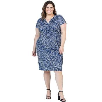 24seven Comfort Apparel Navy Geometric Print Plus Size Knee Length Short Sleeve Faux Wrap Dress