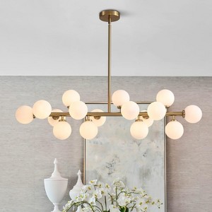 Ludomide Gold Dining Room Chandelier, Mid Century Modern, White Glass Globe Lampshade, Linear Pendant Lighting Fixture for Living Room, 16 Lights. - 1 of 4