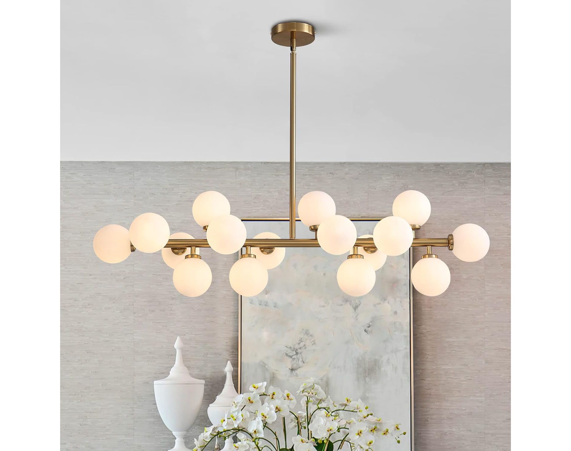 Ludomide Gold Dining Room Chandelier, Mid Century Modern White Glass Globe Chandelier, Linear Rectangle Pendant Lighting Fixture -16 Lights