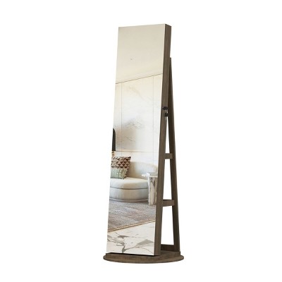 GlasFlength Full Length Mirrors Mirror Cabinet Jewelry Storage Armoire Lockable Free Standing Mirror 360° Swivel for Room, Brown, 21.6"*21.6"*62.3"