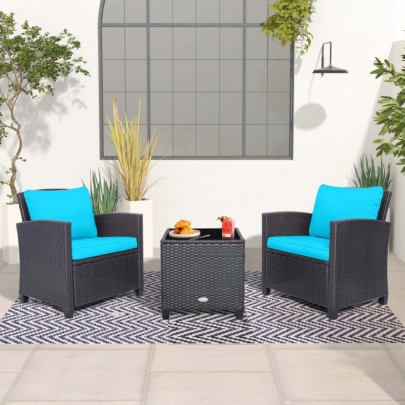 Costway 3PCS Patio Wicker Furniture Set with Beige & Navy Cushion Covers Balcony, 1 of 10