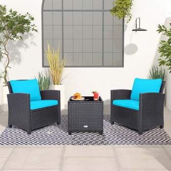 Costway 3PCS Patio Wicker Furniture Set with Beige & Navy Cushion Covers Balcony