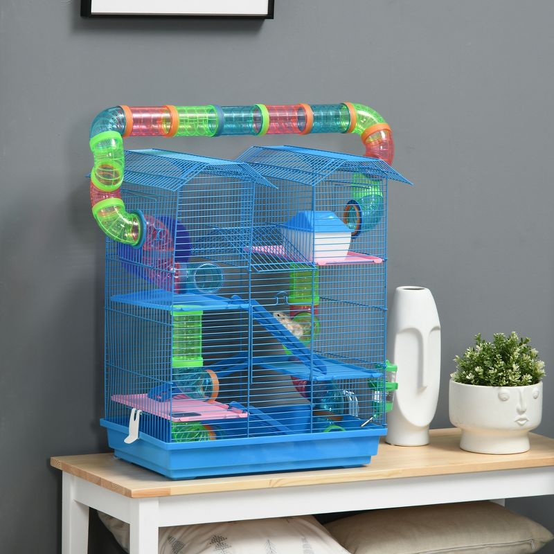 PawHut 5 Tiers Hamster Cage Small Animal Rat House Mice Mouse Habitat with Exercise Wheels, Tube, Water Bottles, and Ladder, Blue, 3 of 8