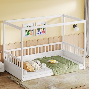 CAVINAS Twin/Full Size Canopy Floor Beds with Guardrails for Kids,Wooden Canopy Toddler Bed,Floor Bed Frame for Girls,Boys,Box Spring Required - 1 of 4
