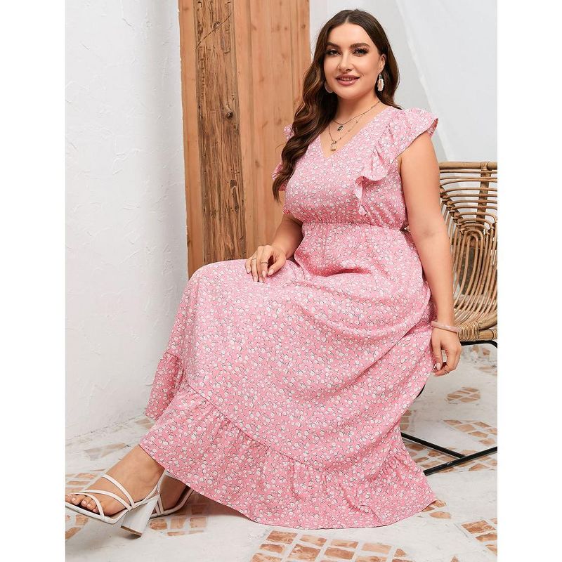 Women's Plus Size Summer Dress with Pocket Ruffle Cap Sleeveless V Neck Side Split Long Beach Maxi Dress, 5 of 9