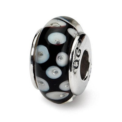 Black Bow Jewelry Glass and Sterling Silver Black & White Dotted Bead Charm, 13.25mm