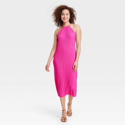 Women's Knit Plisse Midi Shift Dress - A New Day™ Hot Pink L