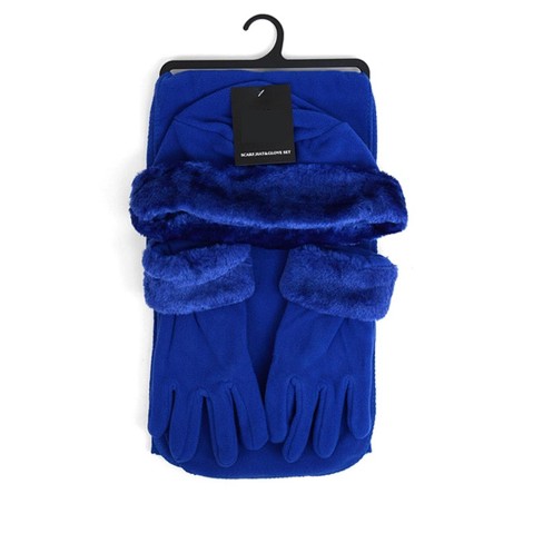 Women's Royal Blue Solid Faux Fur Trimmed 3-Piece gloves scarf Hat Winter  Set