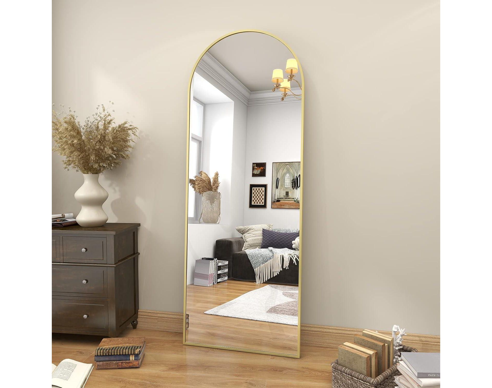 65"x22" Full Length Mirror ,Wall Mirrors Hanging or Leaning Arched-Top Full Body Mirror with Stand for Bedroom, Dressing Room, Gold