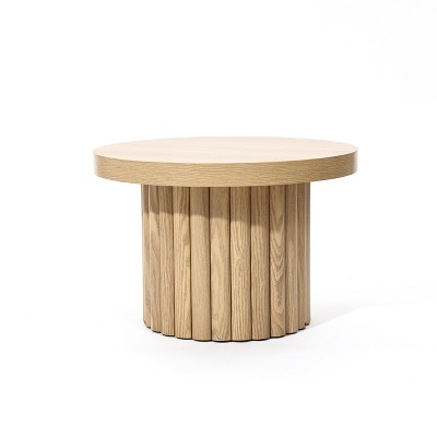LuxenHome Brown Wood Fluted Round Coffee Table, 23.6" Wide Modern End Table for Living Room Round Wood Accent Table Bedroom Office
