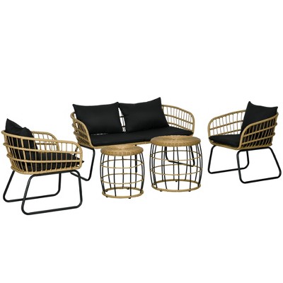 Black 4-Person PE Rattan Outdoor Furniture Set with Cushions