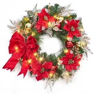 24'' Pre-Lit Christmas Wreath for Front Door, Lighted Christmas Door Wreath with Red Bow, Winter Decorative Wreath for Fireplace Window Holiday - 1 of 4