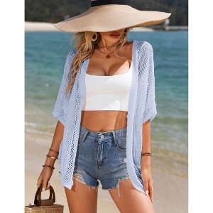Coolmee Women's Short Sleeve Cardigans Summer Open Front Hollowed Out Shrug Sweaters Knit Sweater Tops Lightweight Cardigans L Light Blue - 1 of 4