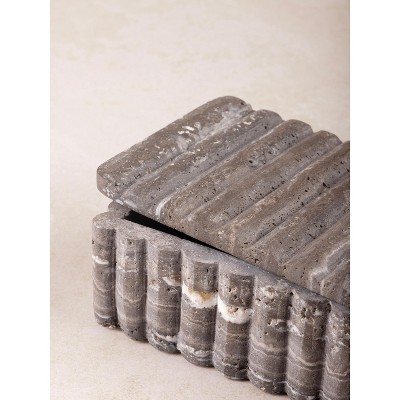 Handcrafted Fossil Gray Travertine Fluted Decorative Box