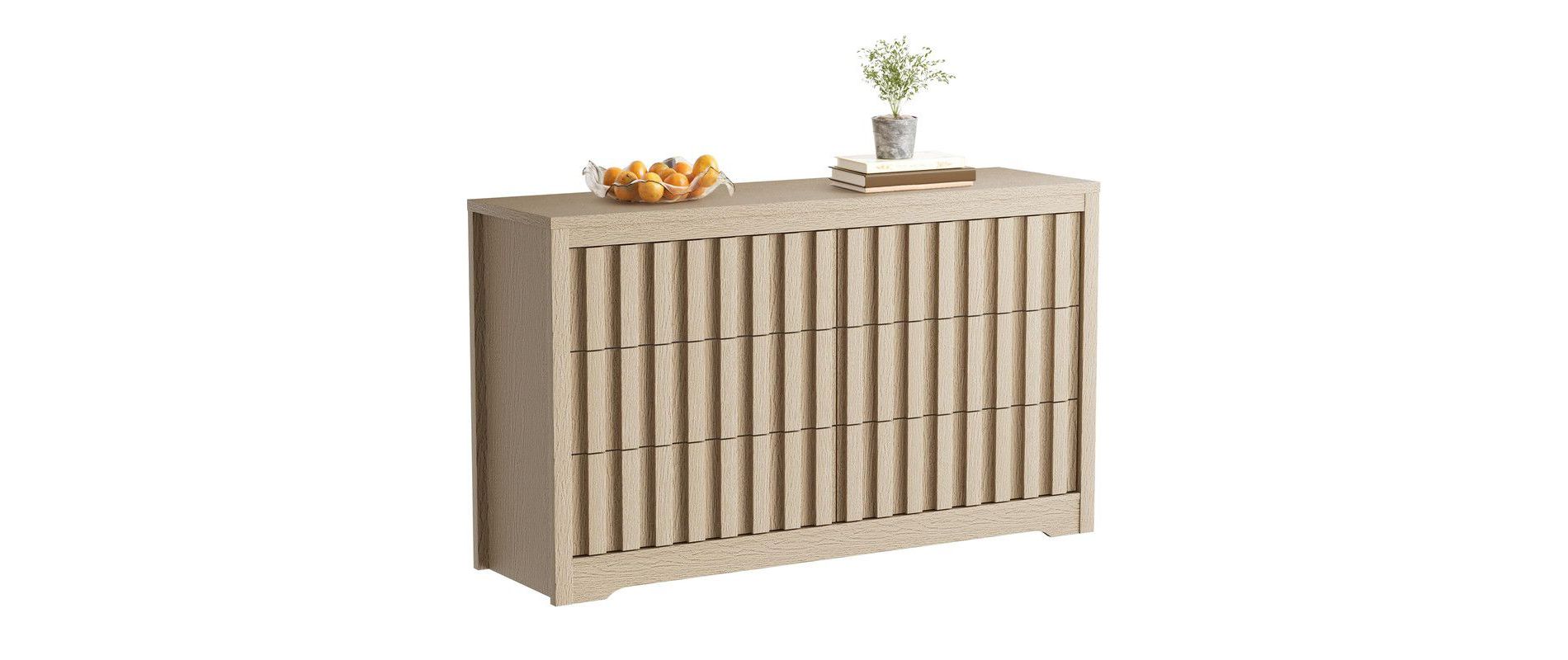 Fluted Dresser for Bedroom with 6 Drawers,Modern Wooden Chest of Drawers with Handleless,Natural Oak