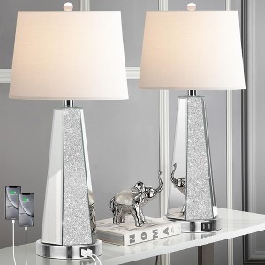 ROTTOGOON Set of 2 Mirrored Glass Bedside Table Lamps for Bedrooms with 2 USB Ports Chrome Modern Silver Living Room Lamps for End Tables - 1 of 4