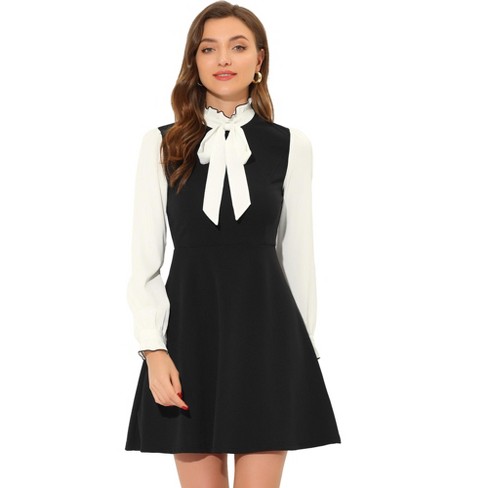 Allegra K Women's Elegant Contrast Ruffle Stand Collar Bow Tie Puff Sleeve  Office Dress Black Large