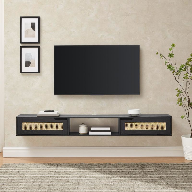Modern Boho Floating TV Stand for TVs up to 80&#34; with Rattan Doors Black - Saracina Home, 4 of 13