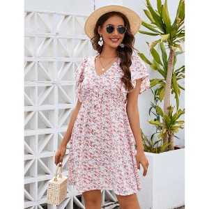 Women's Flutter Sleeve Mini Dress Button Detail Babydoll Sundress Casual Summer Dress - 1 of 4