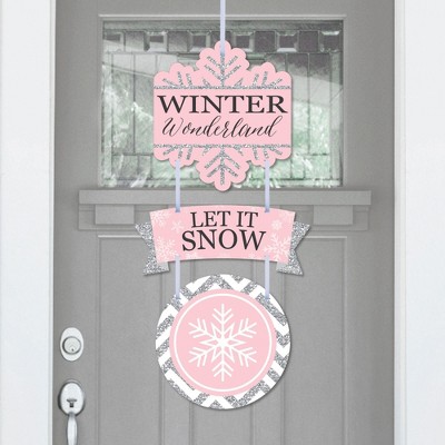 Big Dot of Happiness Pink Winter Wonderland - Hanging Porch Snowflake Birthday Party and Baby Shower Outdoor Decor - Front Door Decor - 3 Pc Sign