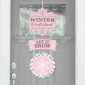 Big Dot of Happiness Pink Winter Wonderland - Hanging Porch Snowflake Birthday Party and Baby Shower Outdoor Decor - Front Door Decor - 3 Pc Sign - 1 of 4