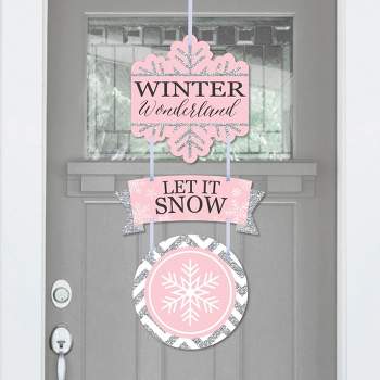 Big Dot of Happiness Pink Winter Wonderland - Hanging Porch Snowflake Birthday Party and Baby Shower Outdoor Decor - Front Door Decor - 3 Pc Sign