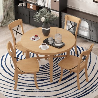 CAVINAS Round Dining Table Set for 4 Retro Dining Set Round Table and 4 Chairs with X-shaped Backrest for Kitchen