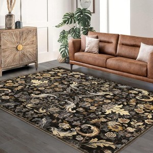 Acekool Traditional Foldable Washable Area Rug, 5'x7' Thin Retro Floral Non-Slip Carpet Mat, Dark Green, Indoor Accent for Living Room & Bedroom - 1 of 4