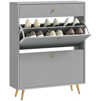 SEVOBAL Narrow Shoe Cabinet with 2 Flip Drawers Wave-Like Panels Adjustable Shelves for 12 Pairs for Entryway Hallway, Gray, 25.8"*17.91"*13.98"