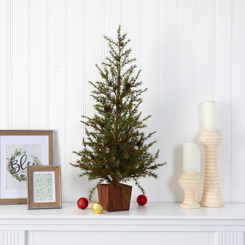 3ft Nearly Natural Unlit Alpine with Pinecones Artificial Christmas Tree in Wood Planter, 4 of 6