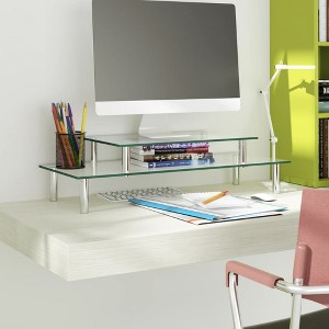Aghana Digitals Transparent Glass 2-Tier Monitor Riser with Keyboard Storage, Ergonomic Height for - 1 of 4