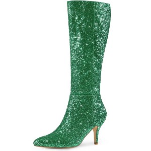 Allegra K Women's Pointy Toe Sparkle Glitter Stiletto Heel Knee High Sock Boots - 1 of 4