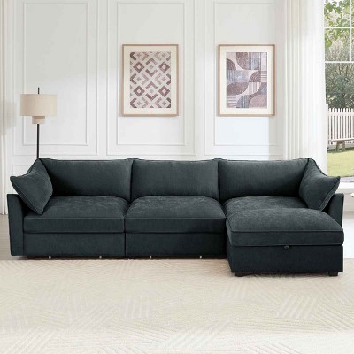 L-Shaped Sectional Sofa with Footstool, 3-Seater Sofa with Pull-Out Storage Drawers, Upholstered Chenille Sofa with Cushion-Coolbibila