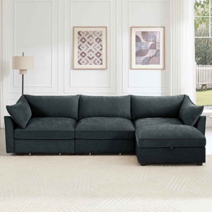 L-Shaped Sectional Sofa with Footstool, 3-Seater Sofa with Pull-Out Storage Drawers, Upholstered Chenille Sofa with Cushion-Coolbibila - 1 of 4