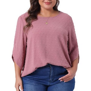 Agnes Orinda Women's Plus Size Swiss Dots Round Neck Petal Sleeve Casual Summer Blouse - 1 of 4