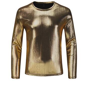 Lars Amadeus Men's Long Sleeves Crew Neck Shiny Club Disco Metallic T-Shirts