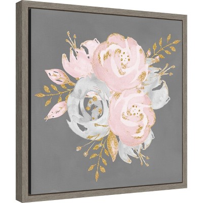 Floral Bouquet on Gray Canvas Wall Art with Golden Accents