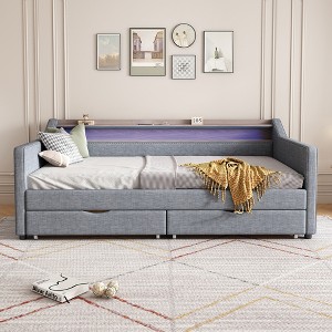 GDFStudio Xena Modern Twin Size Linen Upholstered Bed with 2 Drawers and LED Light - 1 of 4