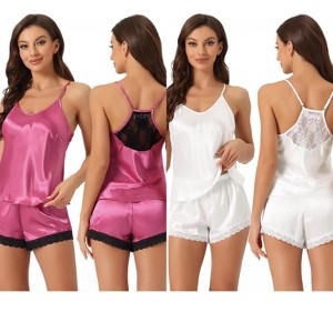 INSPIRE CHIC Women's 2 Pcs Satin Sleeveless Lace Trim Shorts Silky Short Pajama Sets - 1 of 4