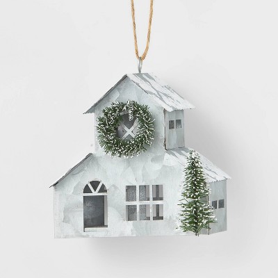 Metal Galvanized House with Steeple and Wreath Christmas Tree Ornament - Wondershop™