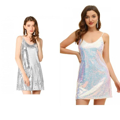 Allegra K Women's Glitter Sequin Spaghetti Strap V Neck Cocktail Sparkly Mini Dress 2 Packs