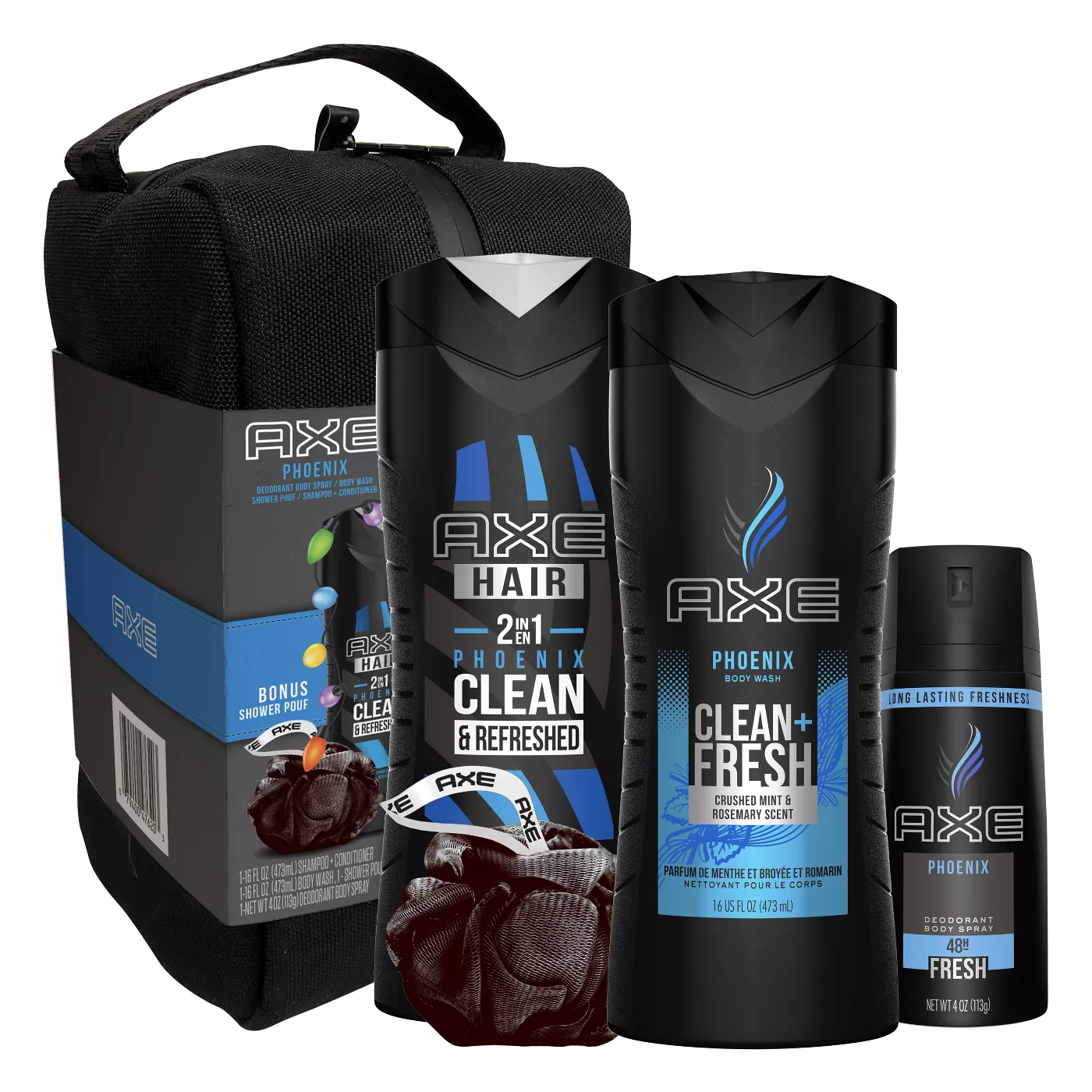 Axe Phoenix Body Wash + 2-in-1 Shampoo & Conditioner + Deodorant Body Spray + Body Pouf & Shower Bag Gift Pack Set - 5ct - image 1 of 5