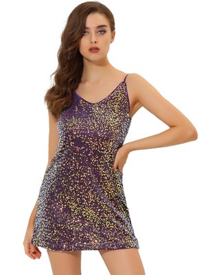 Allegra K Women's Glitter Sequin Spaghetti Strap V Neck Party Cocktail Sparkly Mini Dress